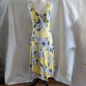 Planet By Lauren G 100% Silk Midi Slip Dress Size 6 Yellow Gray Wedding Guest